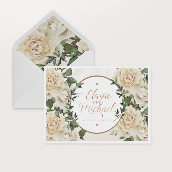 white floral and gold wedding invitations